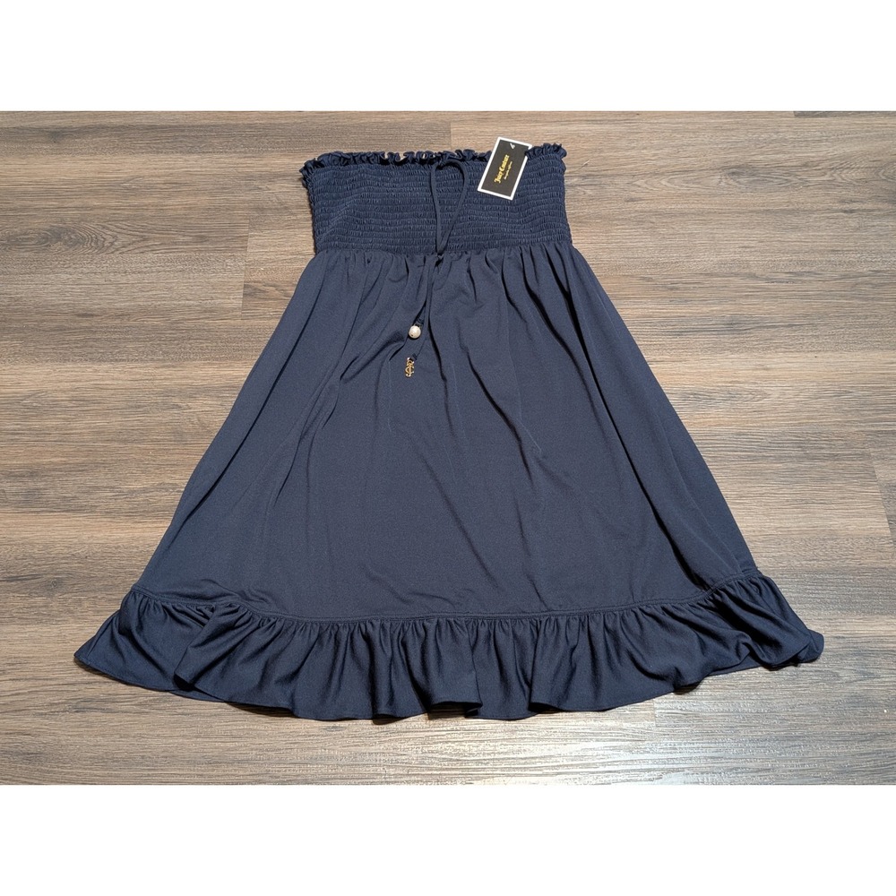 Juicy Couture Regal Cover Up Dress Navy‎ Blue Smocked Ruffle XS NWT
